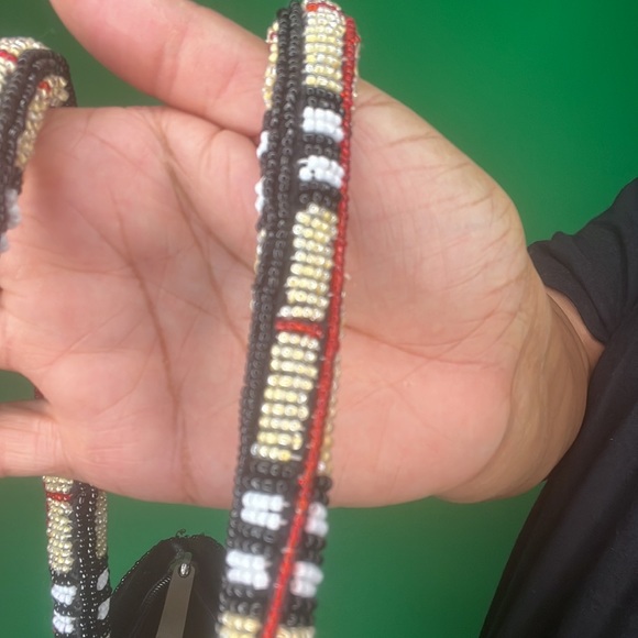 BEADED HANDBAG BLK, Cream, White & Red. Zip closure inside pocket. - Picture 7 of 7